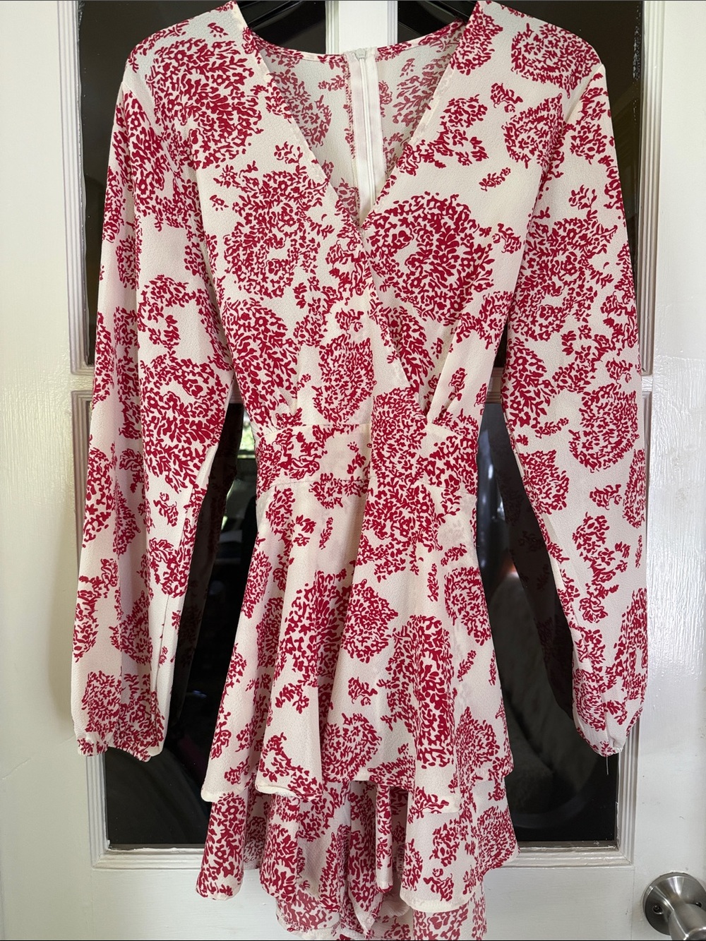 Cream and Red Floral V-Neck Peplum Romper